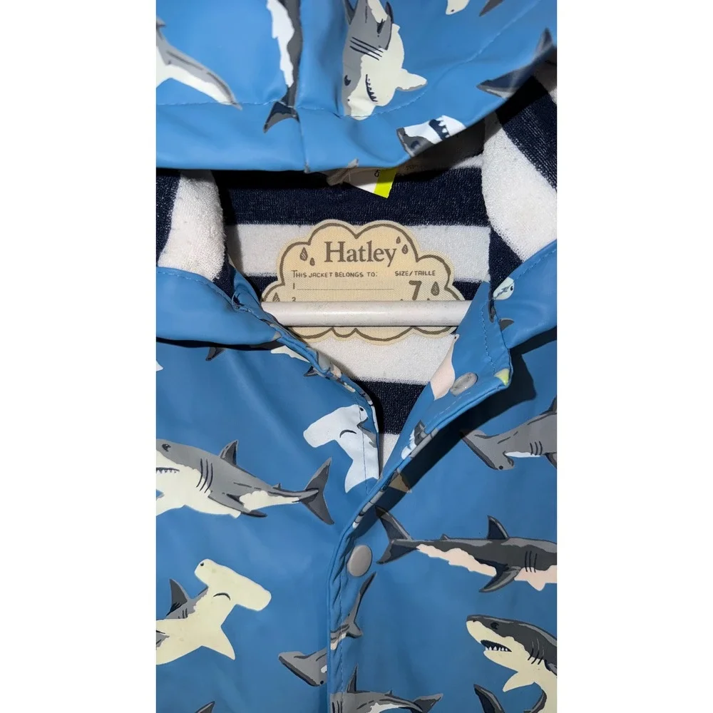 Hatley Boys Blue Shark Print Hooded Rain Jacket Stripe Terry Lined Size 7
